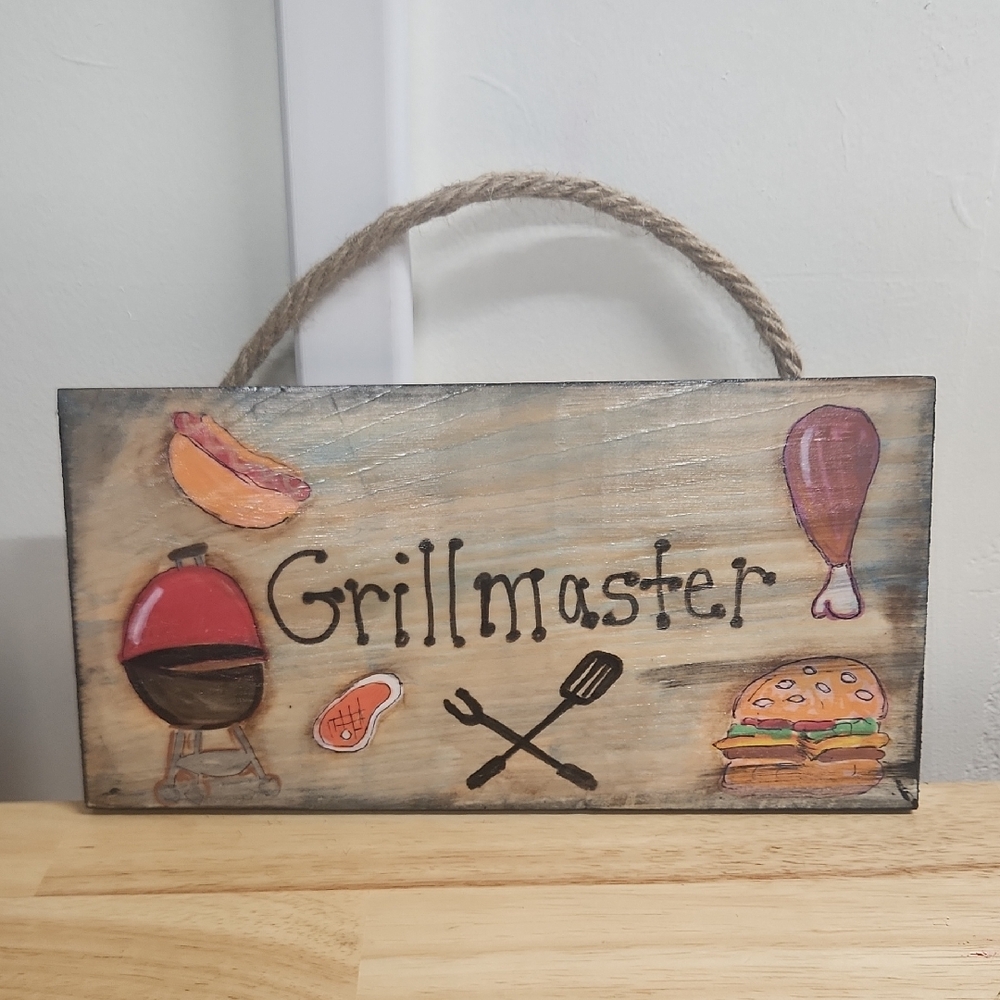 Grill BBQ Grillmaster Sign 11 X 5 1/2 Bundle  & Beer Belt Soda Hand Painted